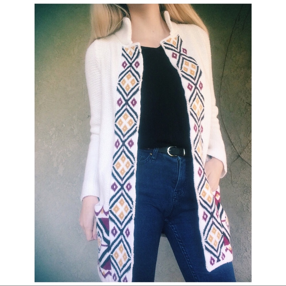 Colorful and white Aztec long sweater cardigan jacket XS